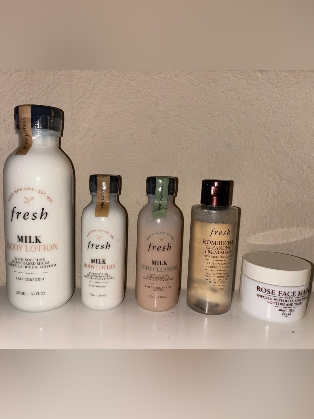 Fresh Beauty 5-Pc Bundle Milk Body Lotion Cleanser Rose Mask Kombucha Set NEW